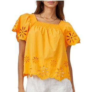 Rails Top Women L Boho Eyelet Cutout Sonora Marigold Smocked Neck Flutter Sleeve